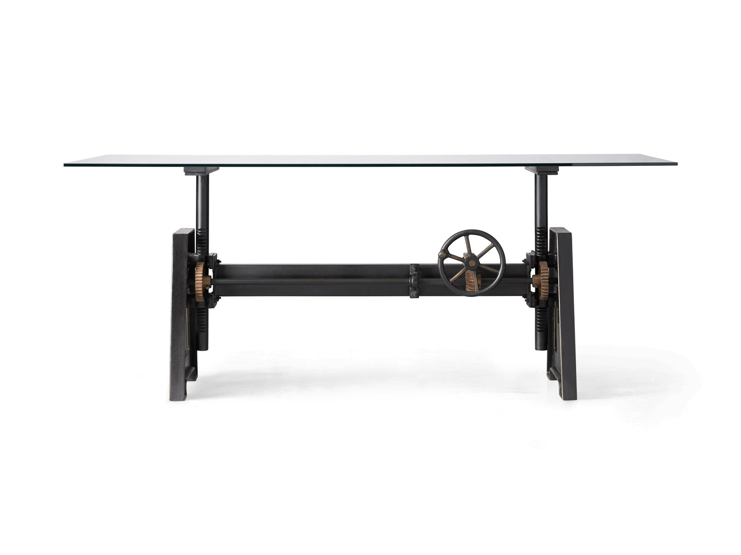 Industrial Crank Desk with Glass Top and Large Black Rubbed Copper Base