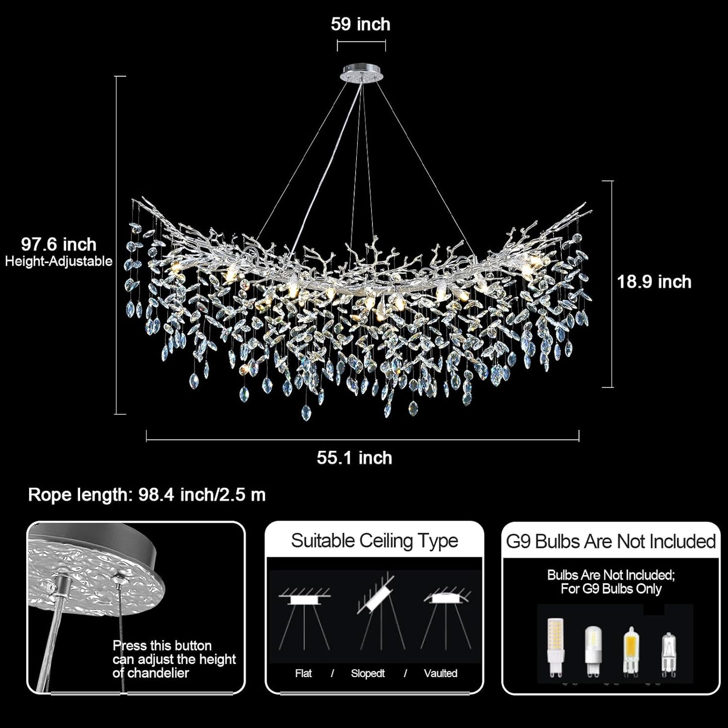 Ice Eye Modern Crystal Tree Branch Linear Chandelier for All Rooms 55" 72"