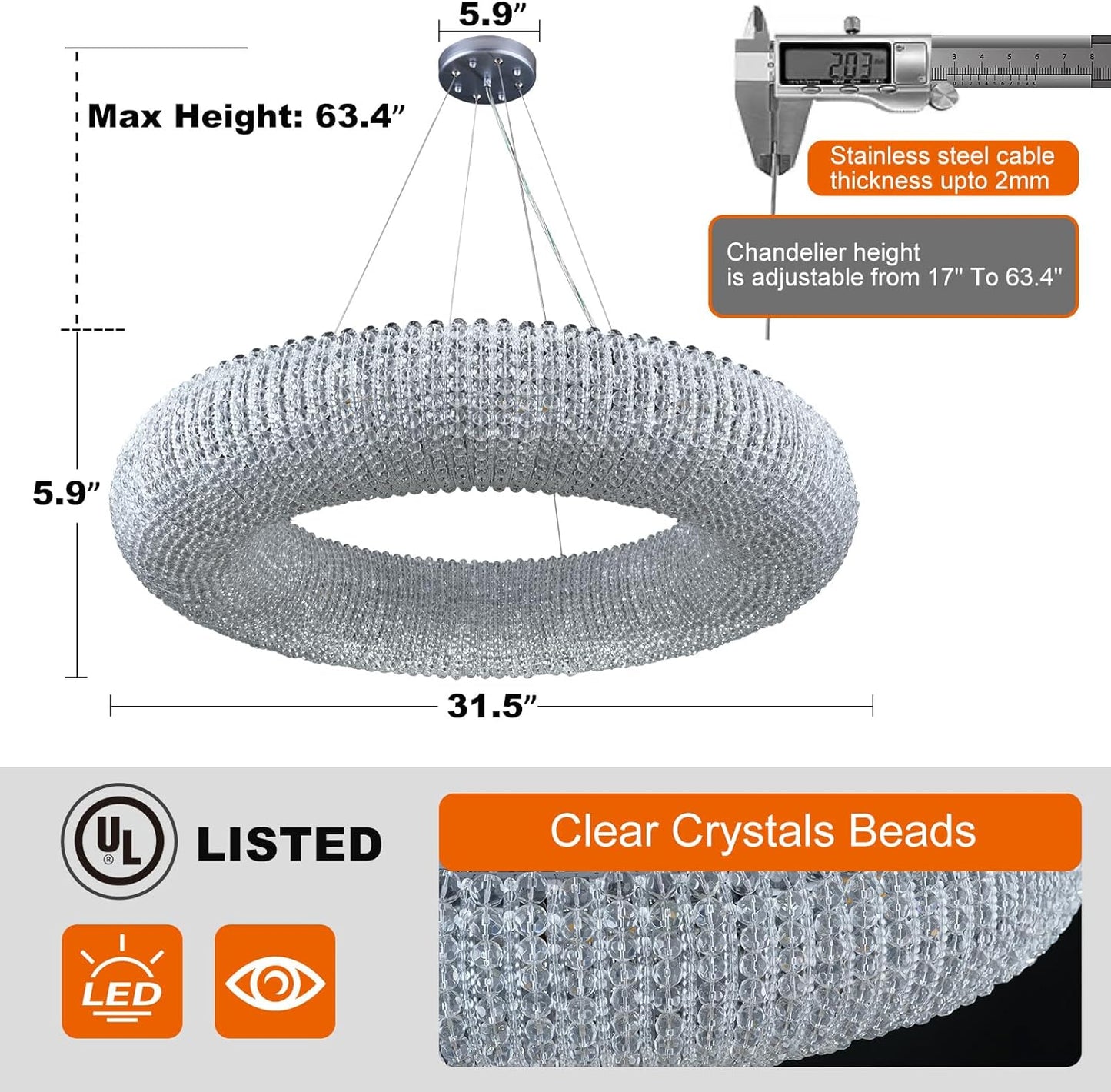 K9 Grey/Clear Crystal Beads Round Pendant Chandelier D31.5"