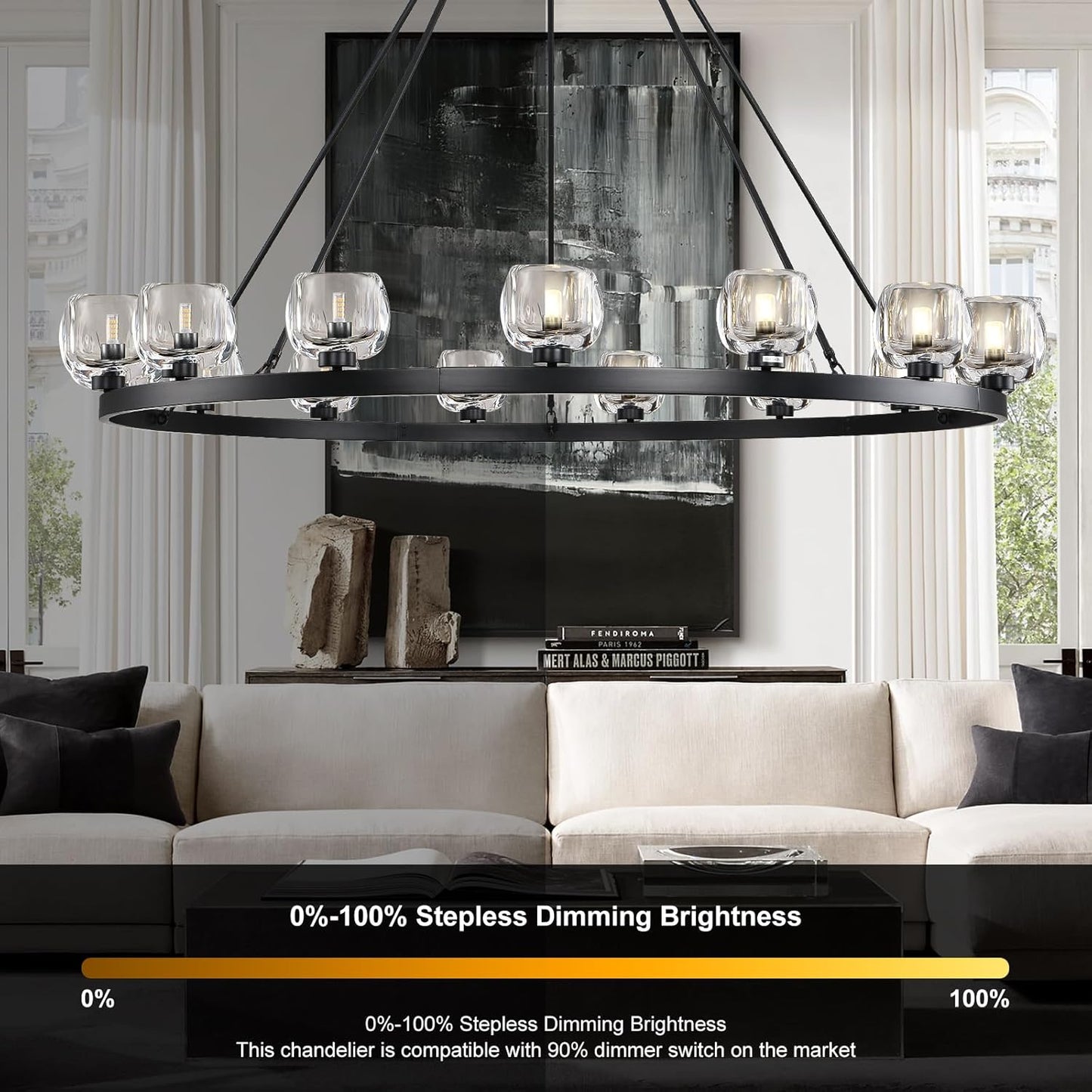 Wagon Wheel Glass Round Chandelier 24" 36" 48" 60"