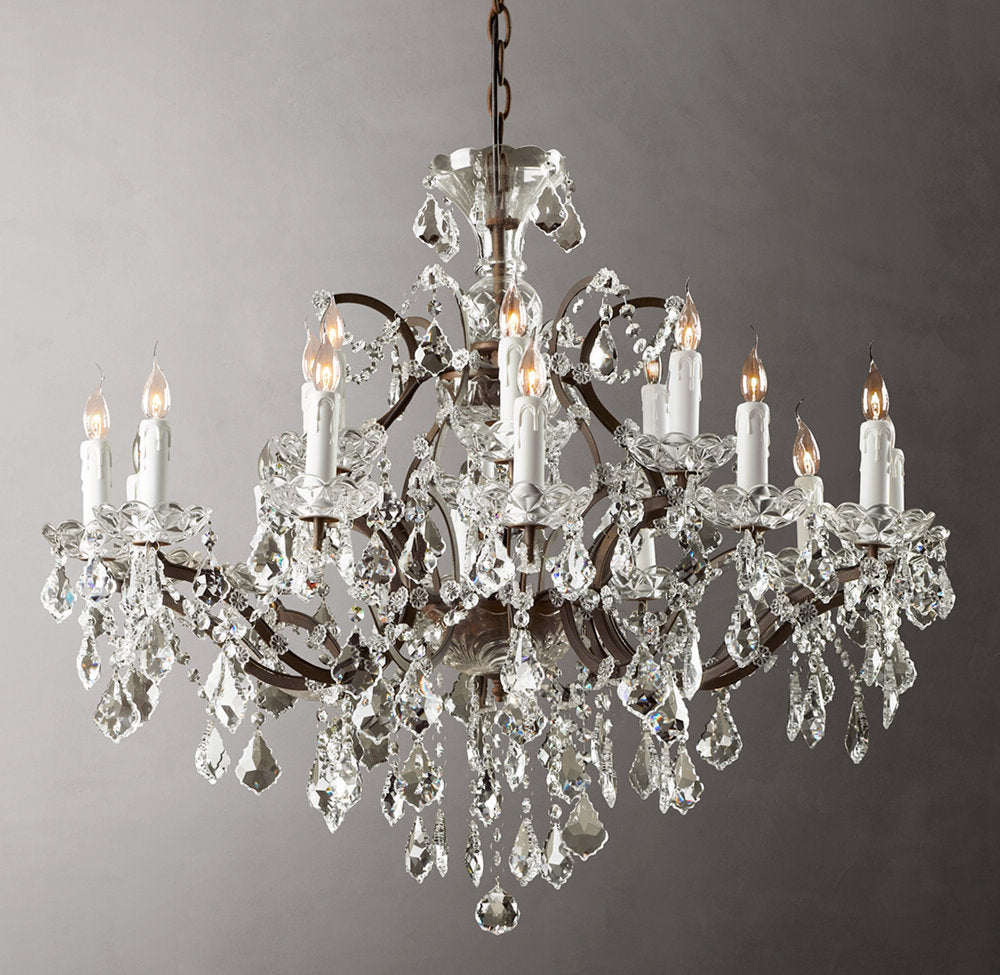 19th C. Rococo Iron & Crystal Round Chandelier 33"
