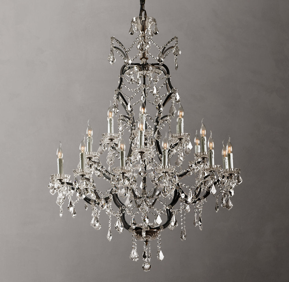 19th C. Rococo Iron & Crystal Round Chandelier 40"