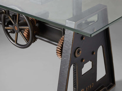 Industrial Crank Desk with Glass Top and Large Black Rubbed Copper Base