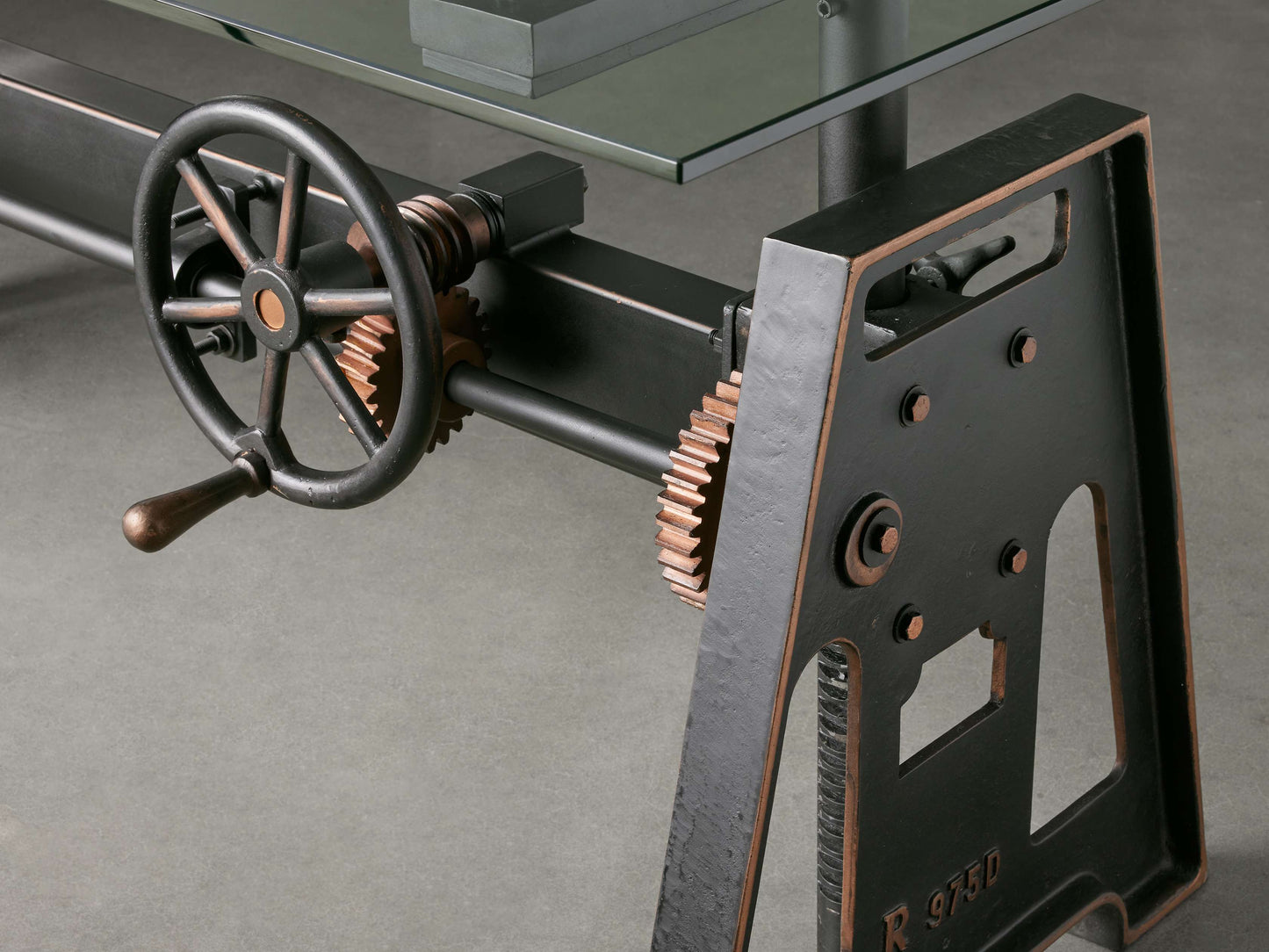 Industrial Crank Desk with Glass Top