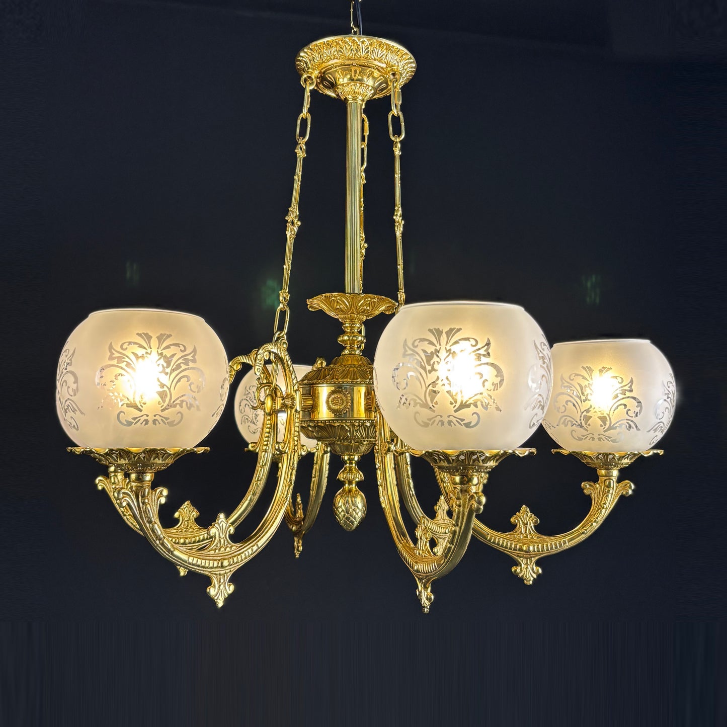 European Brass Glass Chandelier