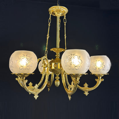 European Brass Glass Chandelier
