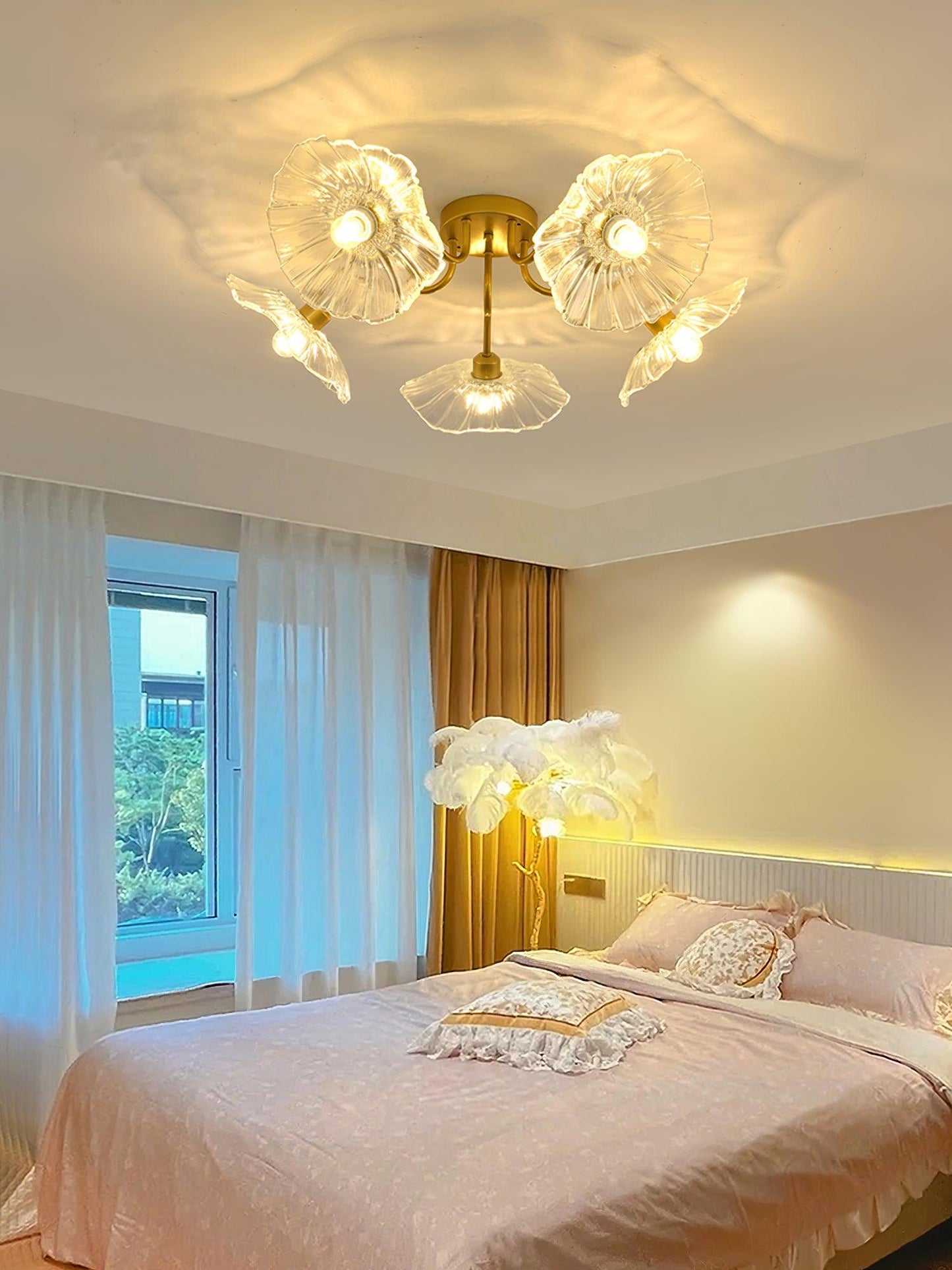 Glass Ceiling Lamp with Lotus Leaf Design