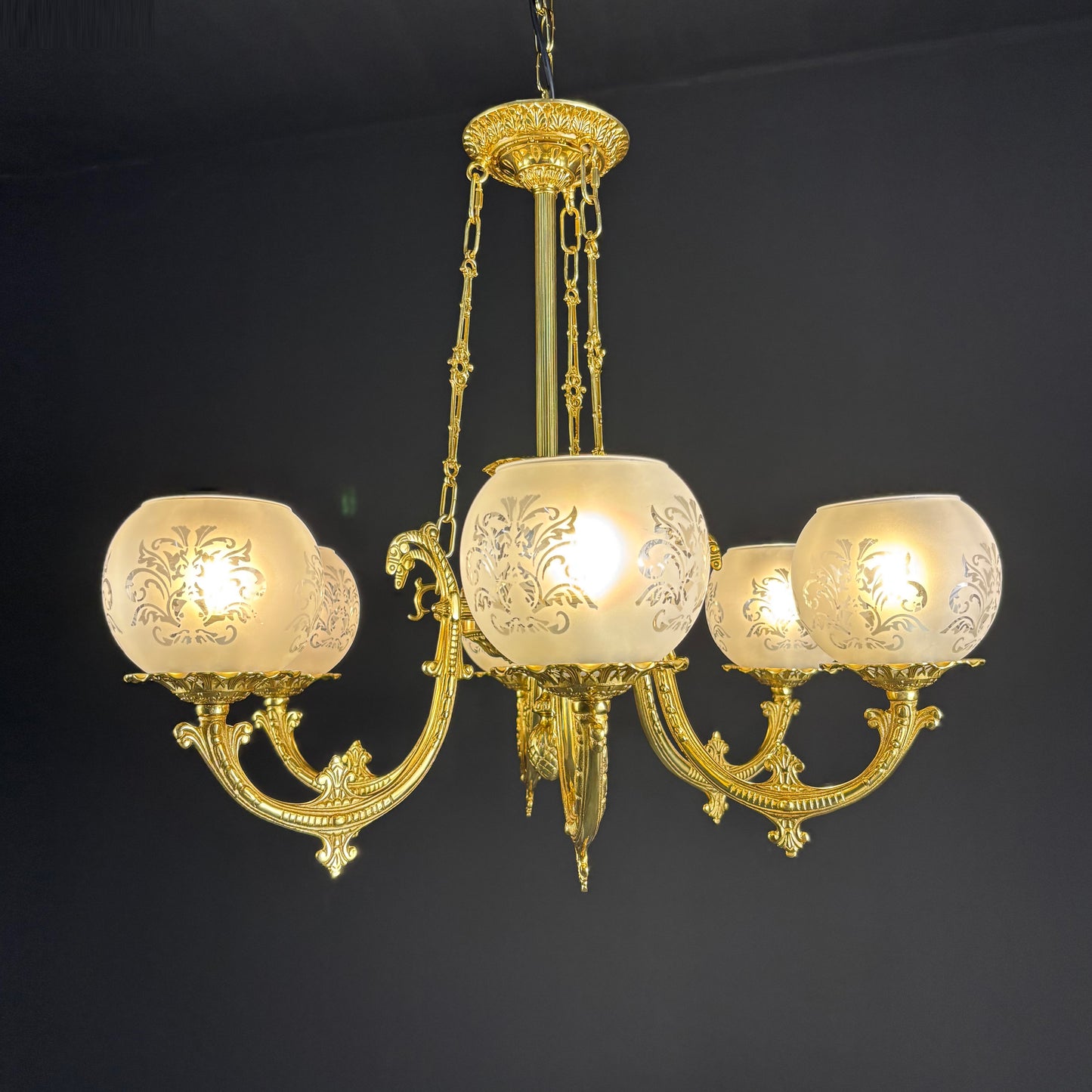 European Brass Glass Chandelier